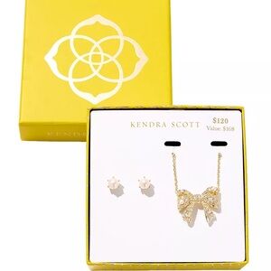 Kendra Scott gold bow pendant necklace & pearl earring set